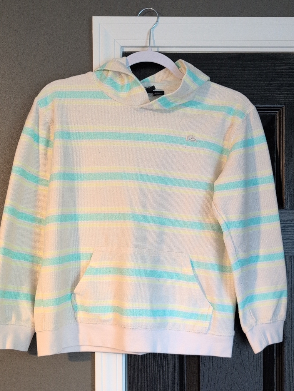 Quiksilver Boys (14/16)Cream Striped Crewneck Sweater with Teal and Neon Yellow